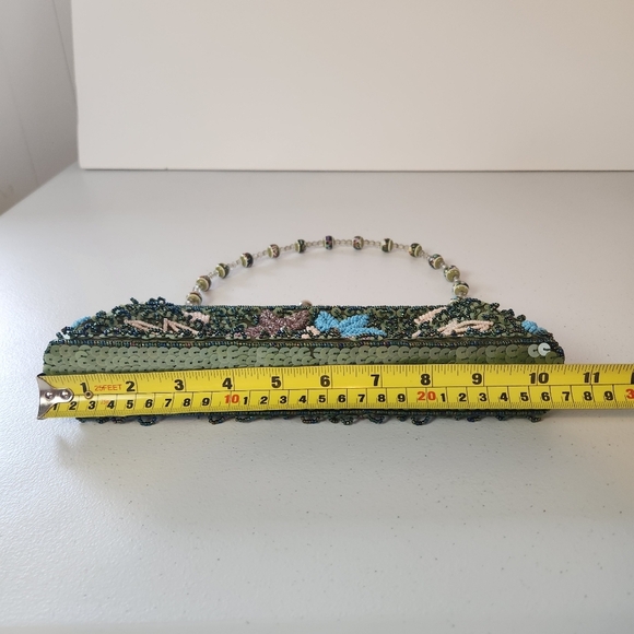 Y2K Beaded Clutch Purse Bag Green Satin Floral Whimsygoth Fairycore 90s Vintage - Picture 9 of 11